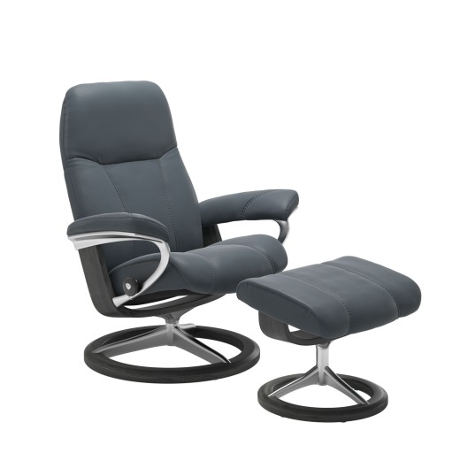 Fotoliu cu taburet Stressless Consul Signature M cadru Grey tapiterie piele Batik Atlantic Blue