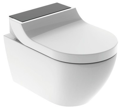 Set vas WC suspendat Geberit AquaClean Tuma Comfort capac inchidere lenta functie bideu electric ornament sticla neagra