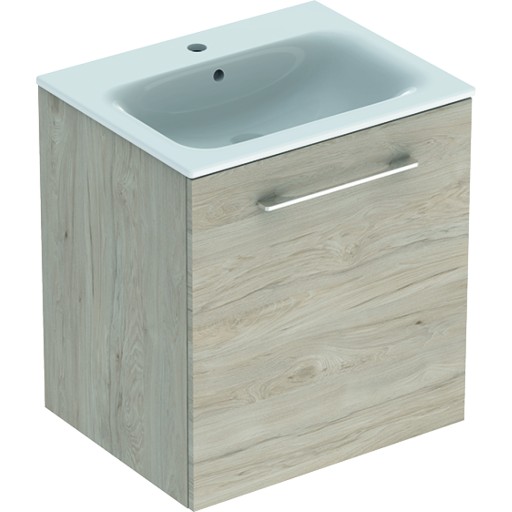 Set mobilier Geberit Selnova Square lavoar 60cm cu margine ingusta si dulap cu o usa nuc american deschis