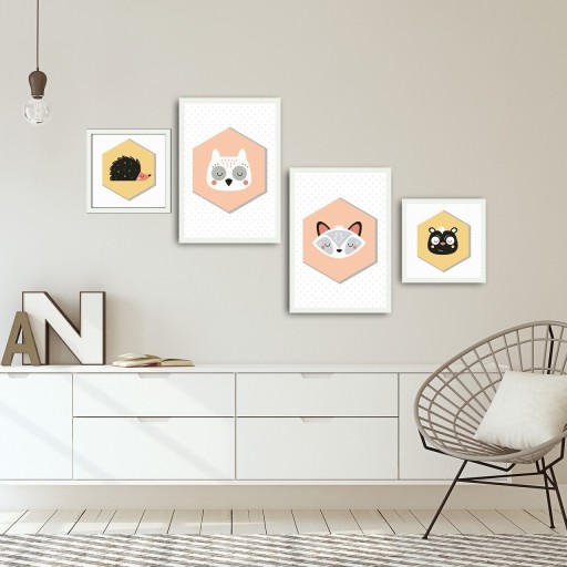 Set 4 tablouri decorative, Animals, Alpha Wall, 100% MDF, multicolor