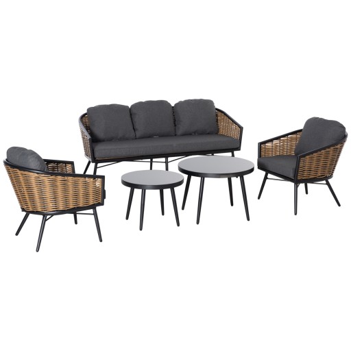 Outsunny Lounge Set Mobilier de Grădină Ratan 5 Piese, Canapea 3 Locuri, 2 Fotolii, 2 Măsuțe, Perne Confortabile | Aosom Romania