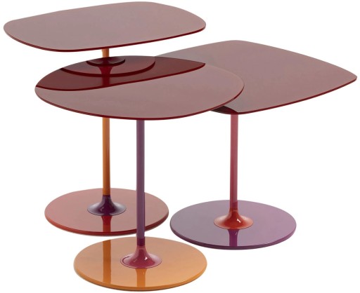 Set 3 masute Kartell Thierry design Piero Lissoni baza metal blat sticla burgundy