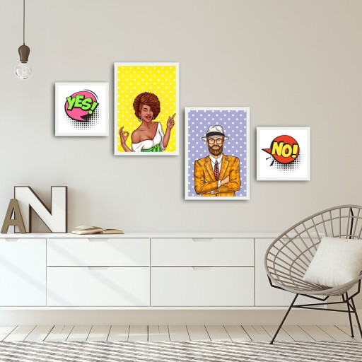 Set 4 tablouri decorative, Alpha Wall, Yes! No!, 100% MDF, multicolor