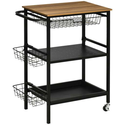 HOMCOM Cărucior de Bucătărie cu 3 Nivele, Roti Pivotante 360°, Design din MDF și Oțel, Lemn Natural și Negru 75x43.5x91cm | Aosom Romania