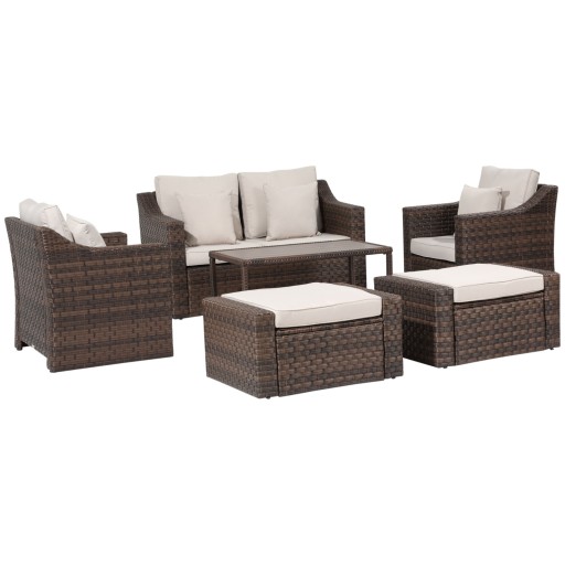 Outsunny Set Canapele pentru Exterior, 6 Piese, Ratan PE, Maro Mixt, Include Perne Moi, Perfect pentru Gradina sau Patio | Aosom Romania