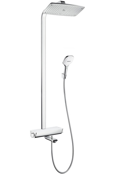 Showerpipe Hansgrohe Raindance Select E 360 cu baterie cada Ecostat Select finisaj alb/crom