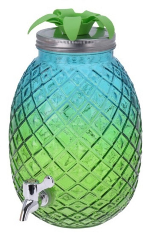 Dispenser pentru bauturi Pineapple, 4.7 L, 16x28 cm, sticla, albastru/verde