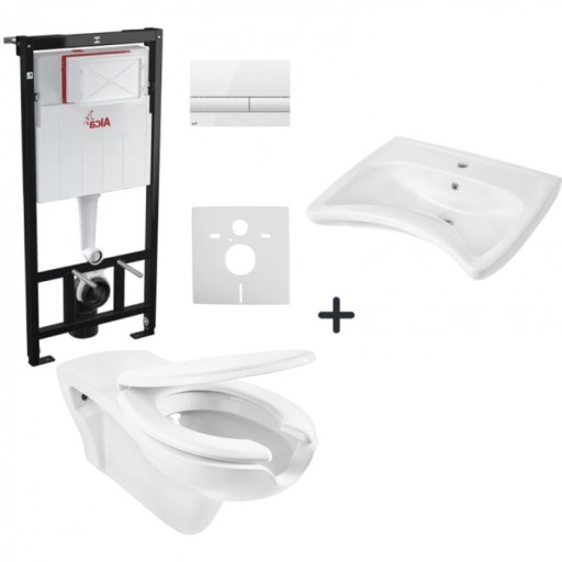 Set vas wc suspendat cu capac soft close, lavoar baie pentru persoane cu dizabilitati si rezervor wc cu clapeta alba