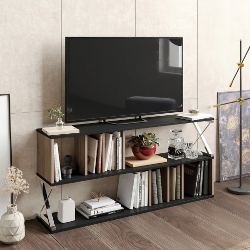 Comoda TV, Hadley, Termas, 140x64.4x29.5 cm, Negru / Crom