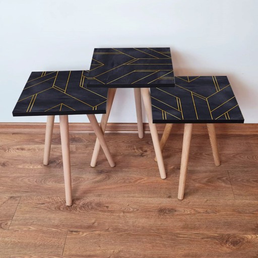 Set masute 3 piese, Leona, 3SHP156, Negru/Auriu