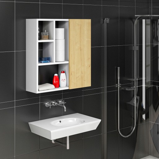 Dulap de baie, Olivia, Secret, 60x63.6x22 cm, PAL, Stejar alb / safir