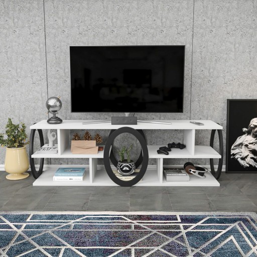 Comoda TV, Retricy, Fale, 140x35x45 cm, PAL, Alb/Negru