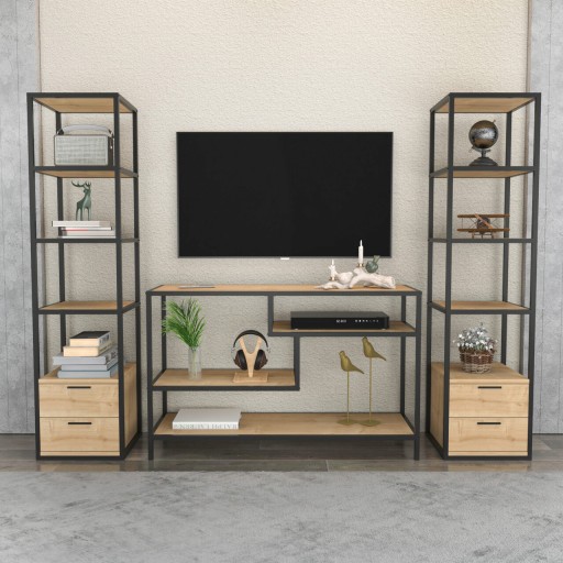 Comoda TV, Retricy, Robbins, 198x39x160 cm, PAL, Negru / Stejar