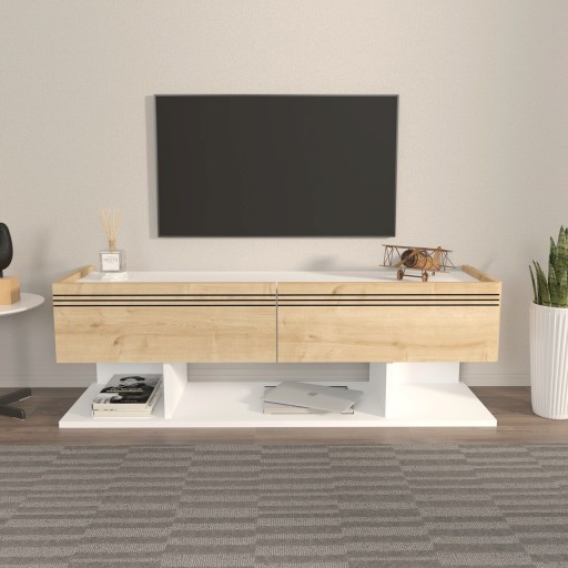 Comoda TV, Zena Home, Kaşe, 120x40x35 cm, PAL, Stejar alb