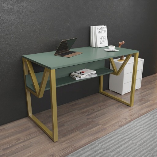 Birou, Zena Home, Lona, 120x72.8x60 cm, PAL, Verde / Aur