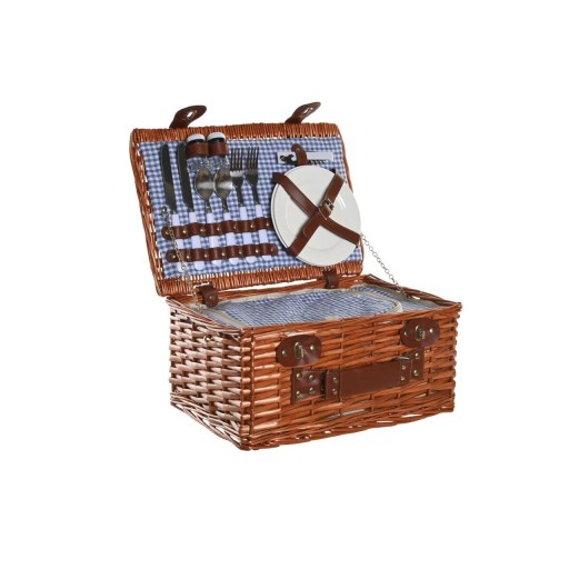 Cos de picnic pentru 2 persoane, DKD Home Decor, 40 x 28 x 20 cm, rachita, natural/albastru