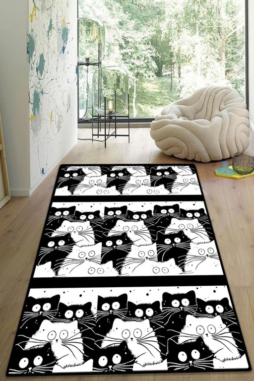Covor de hol, White Cats, 80x150 cm, Poliester, Multicolor