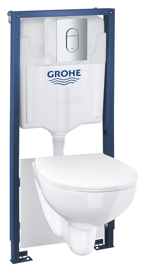 Set complet Grohe Solido 5-in-1 cu vas wc Bau Ceramic capac slim inchidere lenta rezervor incastrat cu cadru si clapeta Arena Cosmopolitan crom