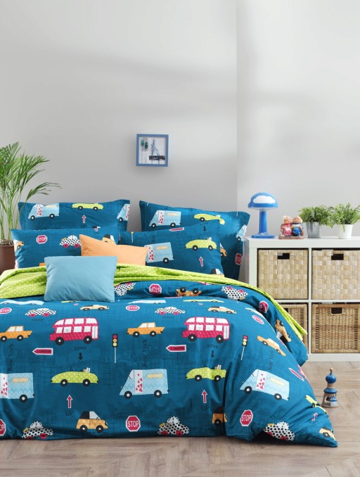 Lenjerie de pat dubla King (DE), 3 piese, Paula - Blue, Mijolnir, Bumbac Ranforce