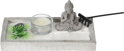 Decoratiune Buddha zen garden cu suport de lumanare, 19x10x8 cm, ciment, gri