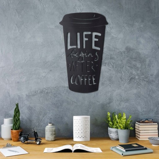 Decoratiune de perete, Coffee Cup, Metal, Dimensiune: 50 x 30 cm, Negru