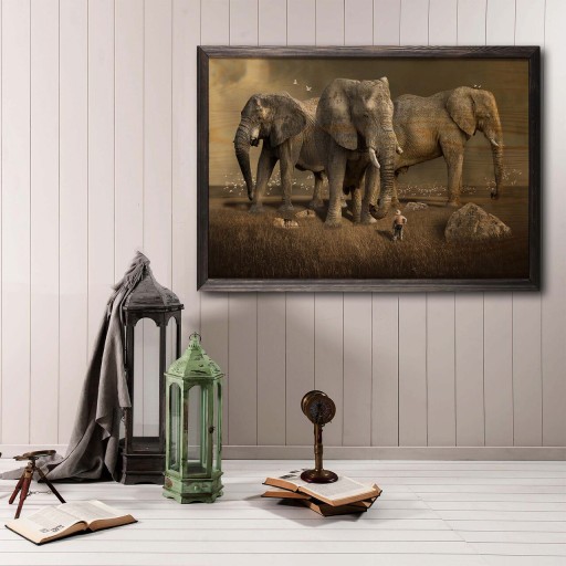 Tablou decorativ, Elephant Horde, Lemn, Lemn, Multicolor