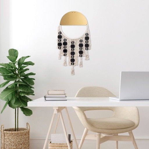 Decoratiune de perete, Ivamac, Macrame, Metal, Auriu / Alb / Negru