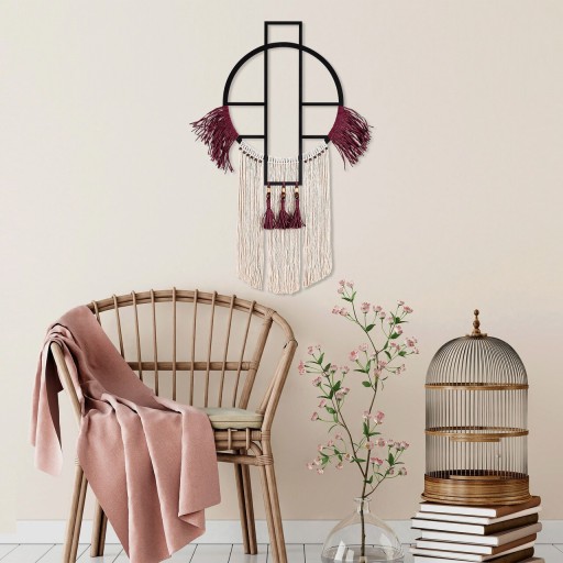 Decoratiune de perete, Shamac, Macrame, Metal, Alb / Roșu Claret / Negru