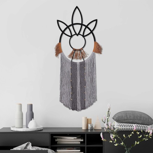 Decoratiune de perete, Cinomac, Macrame, Metal, Gri / Cupru / Negru