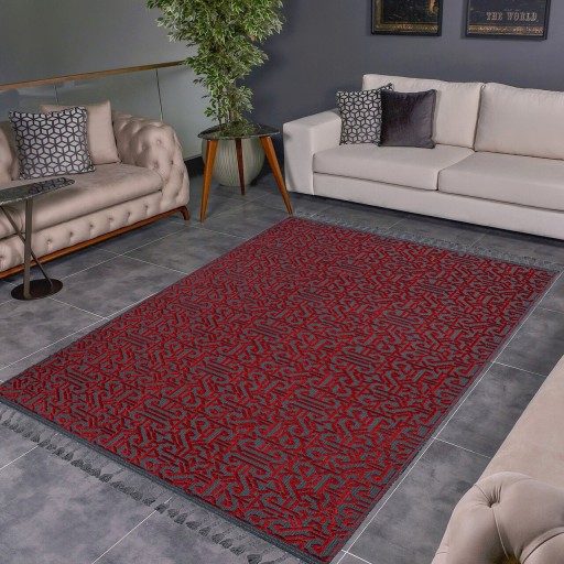 Covor de hol, Las Monte 3011, 80x150 cm, 60% bumbac;40% fibre acrilice, Gri/Roșu