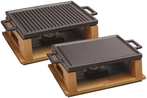 Tava grill din fonta emailata Paderno Cast Iron cu suport de lemn 22x30cm