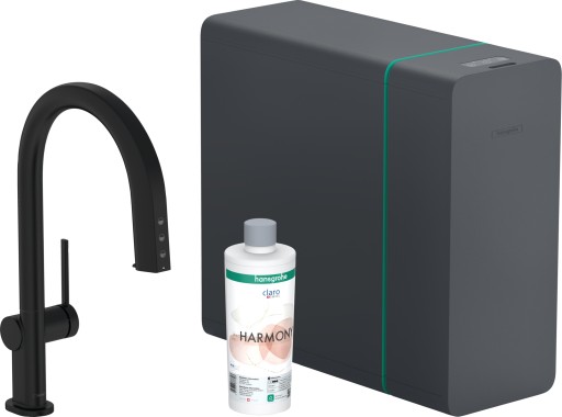 Baterie bucatarie Hansgrohe Aqittura M91 cu pipa extractibila sistem de filtrare SodaSystem 210 negru mat