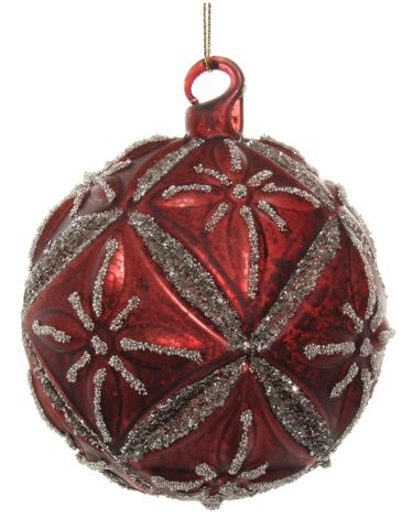 Decoratiune brad Deko Senso Floral glob 10cm sticla rosu burgund cu detalii argintii