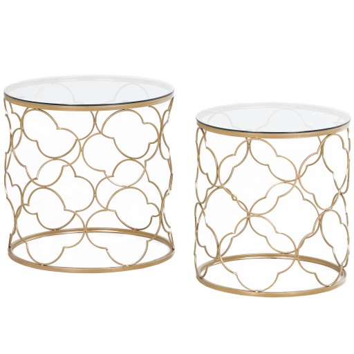 HOMCOM Set de 2 Masute pentru Salon care se pot Stivui Art Deco, Masute de Cafea din Metal cu Blat din Sticla Securizata, Auriu