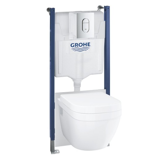 Set complet Grohe Solido 5-in-1 cu vas wc Euro Ceramic capac inchidere lenta rezervor incastrat cu cadru si clapeta Arena Cosmopolitan crom