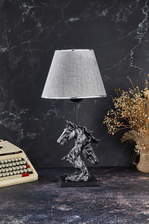 Lampa de masa, FullHouse, 390FLH1926, Baza din lemn, Gri argintiu