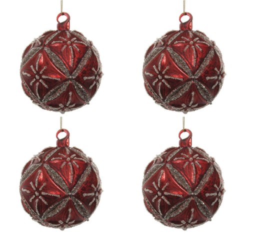 Set 4 decoratiuni brad Deko Senso Floral glob 10cm sticla rosu burgund cu detalii argintii