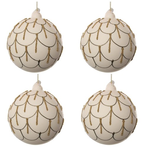 Set 4 decoratiuni brad Deko Senso glob 10cm sticla crem mat cu detalii aurii