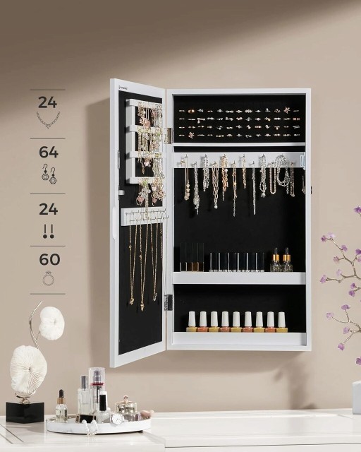 Cabinet pentru bijuterii cu oglinda si fixare usa/perete Vasagle, 37 x 10 x 67 cm, MDF/catifea, alb