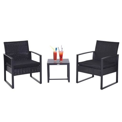 Set Mobilier in Rattan Outsunny de Extern Masa cu 2 Scaune si Perne , Negru | Aosom RO