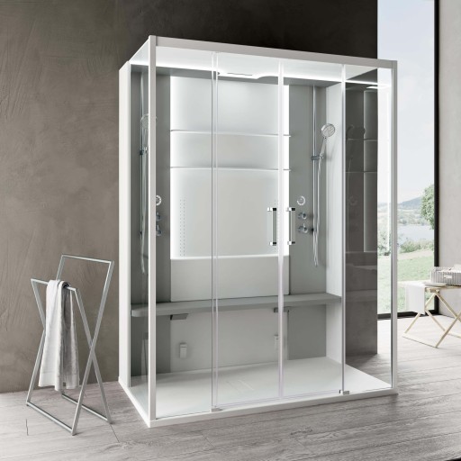 Cabina de dus dreptunghiulara cu hidromasaj si sauna Novellini Skill Dual Hammam 160x97cm cadita joasa 4.5cm interior alb mat finisaj Pearl Grey