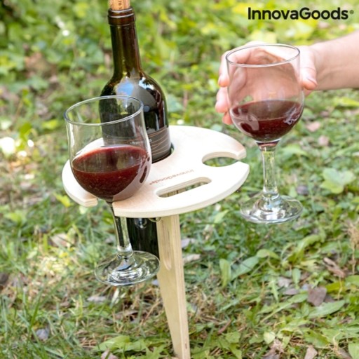 Suport sticla de vin si pahare pentru picnic Winnek InnovaGoods, 20x20x31 cm, lemn