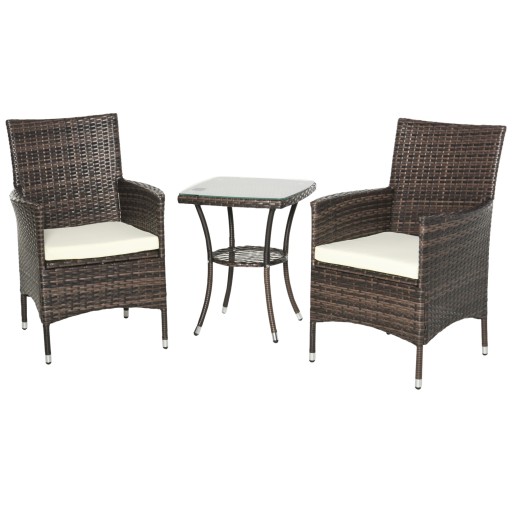 Outsunny Set Mobilier Gradina din Ratan 2 Fotolii Terasa si Masa de Cafea in Sticla cu Perne Decorative, 48x48x60cm Maro | Aosom.ro 