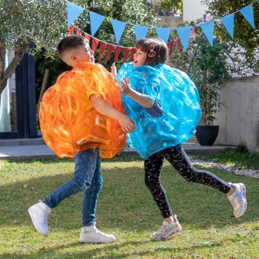 Set 2 mingi gonflabile cu protectie antisoc pentru joaca, Bumper Bubble Ball Bumpoy InnovaGoods, Ø62 cm, albastru/portocaliu