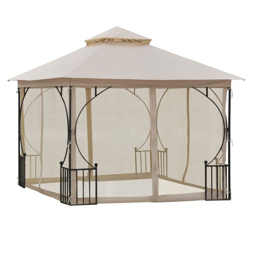 Outsunny Gazebo de Grădină cu Acoperiș Dublu, Foișor de Grădină cu Plasă și Baldachin, 300×300 cm, Bej | Aosom Romania