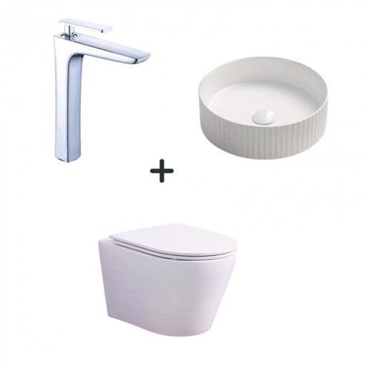 Set vas wc rimless cu capac soft close, lavoar baie rotund alb si baterie chiuveta Foglia