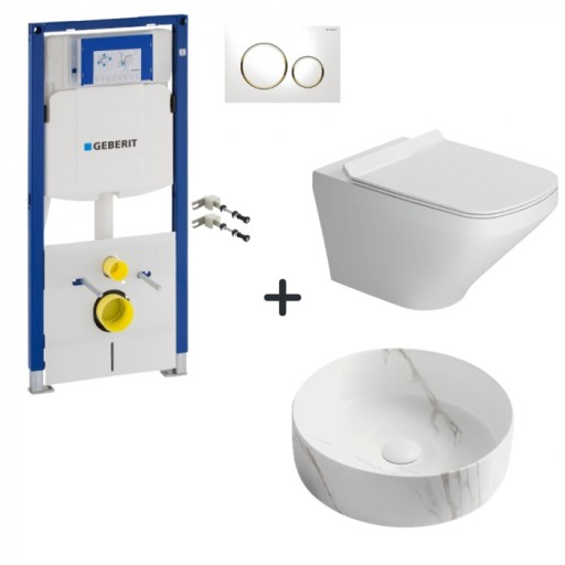 Set vas wc rimless cu capac soft close, lavoar baie efect marmura rotund si rezervor wc cu clapeta alba