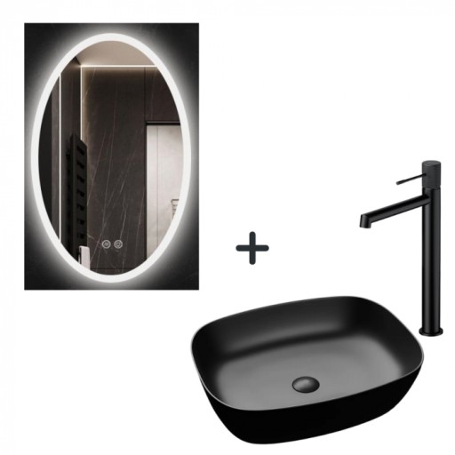 Set lavoar baie negru, baterie plus oglinda ovala cu iluminare LED si dezaburire Picasso-EX