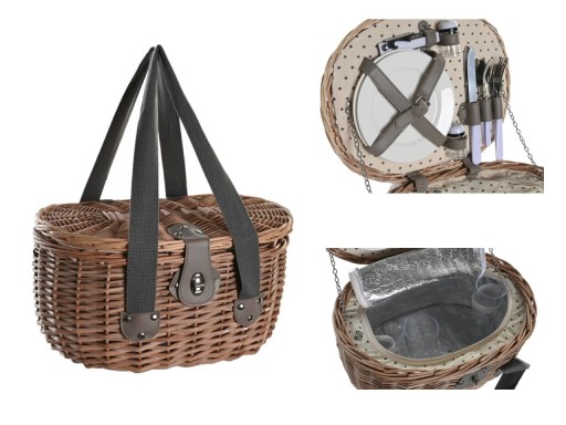 Cos de picnic pentru 2 persoane, DKD Home Decor, 39 x 28 x 22 cm, rachita, natural/alb