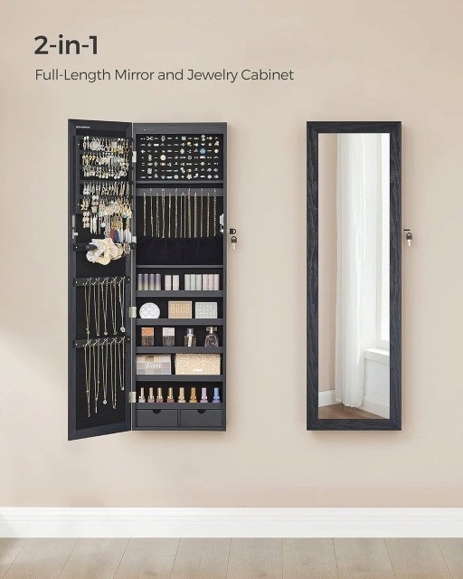 Cabinet pentru bijuterii cu oglinda si fixare usa/perete Vasagle, 36.7 x 10 x 120 cm, PAL, negru